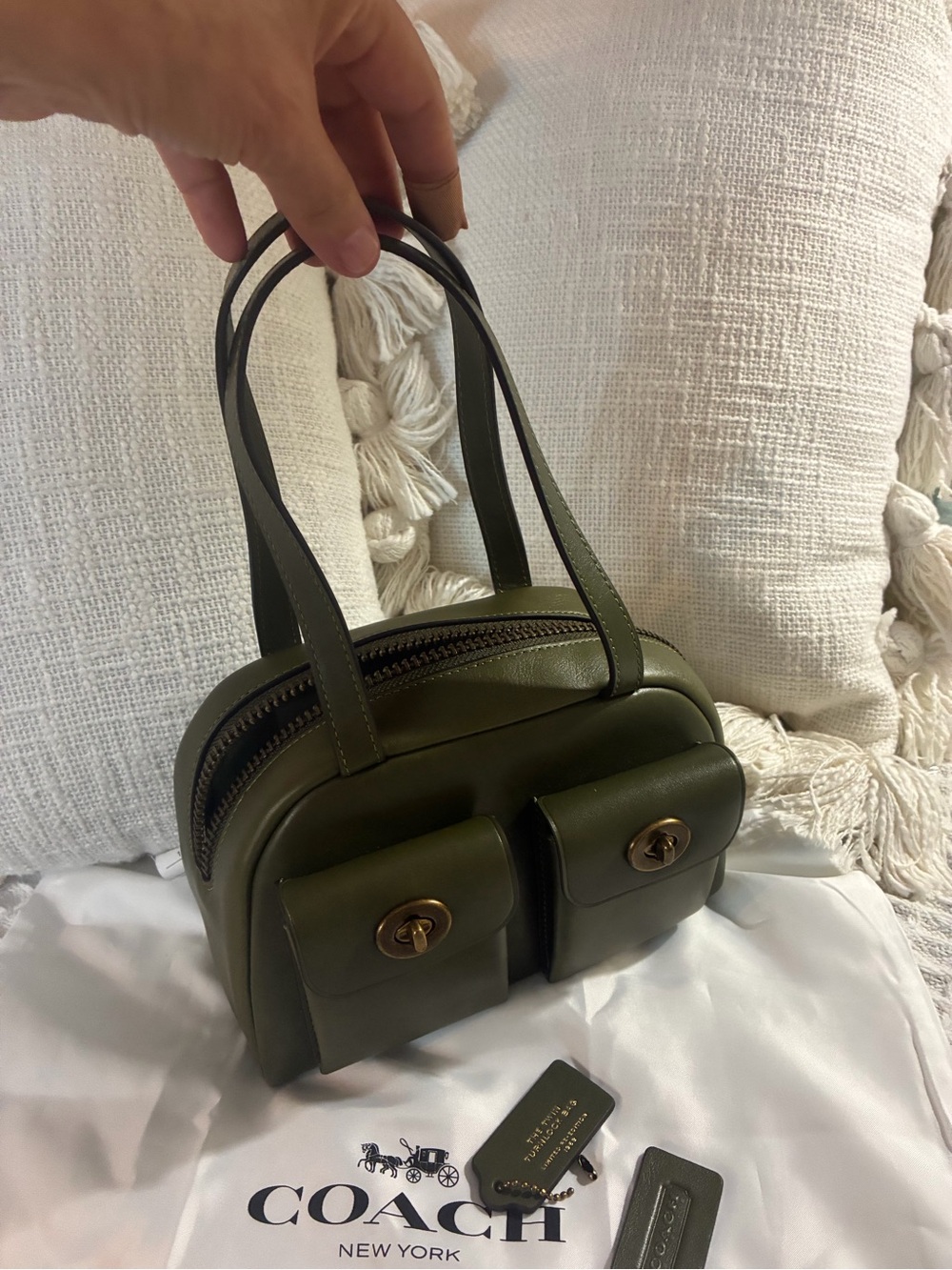 Coach Olive Green Leather Double Pocket Shoulder Bag - Picture 4 of 14